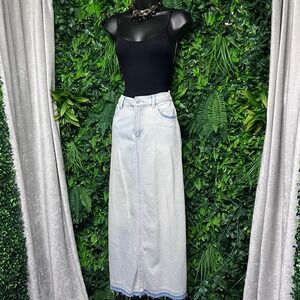 Feelhoo Maxi Skirt Medium Blue Denim Light Wash Raw Hem 100% Cotton 3612